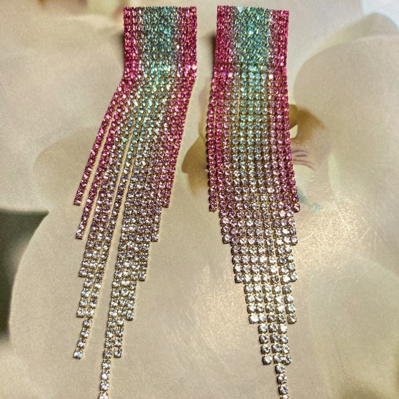 Pink Blue Rhinestone Long Drop Earrings - Picture 4 of 6